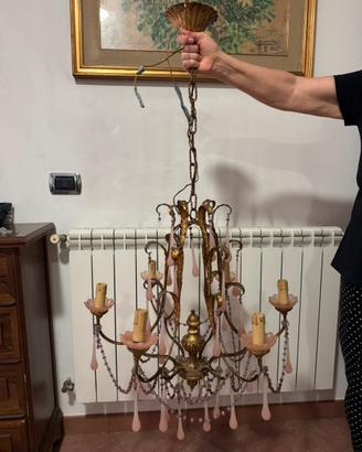 Lampadario vintage 8 luci in ottone dorato e rosa