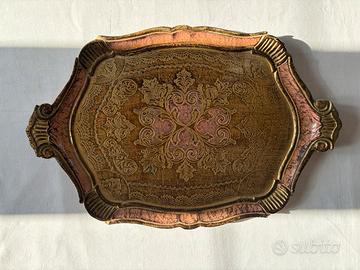 Vassoio d'Epoca in Legno Intarsiato Decorato Oro