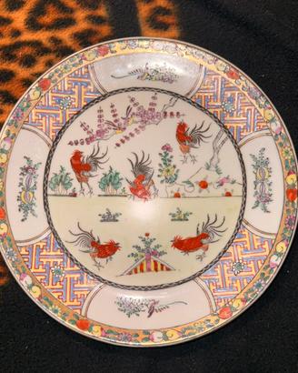 Piatto Porcellana Cinese Decoro Galli e Fiori