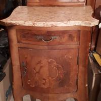 Comodino antico con piano marmo, intarsi, Luigi XV