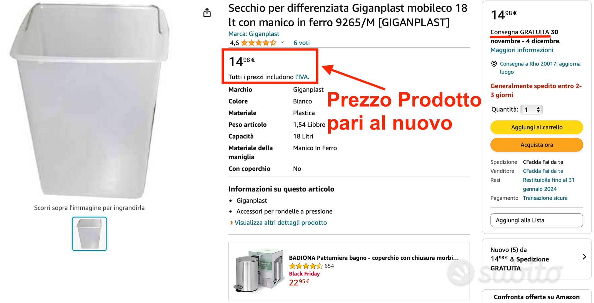 Secchio per pattumiera sottolavello 18 lt NUOVO - Arredamento e Casalinghi  In vendita a Monza e della Brianza