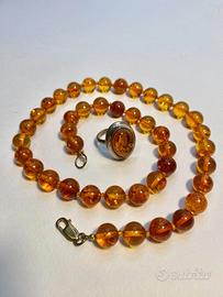 Parure collana anello in ambra e argento 925