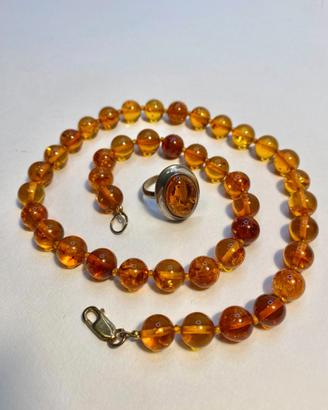 Parure collana anello in ambra e argento 925