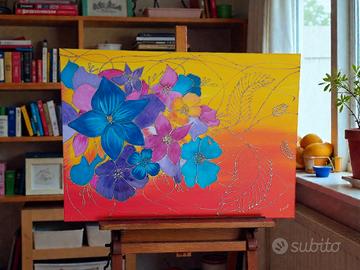 Quadro Floreale in rilievo con resina dipinto a ma