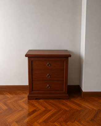 Comodino in legno color noce con 3 cassetti