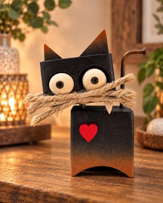 Gatto decorativo artigianale in legno con cuore