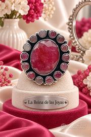 Anello Rosetta, argento 925 vintage etnico rubini