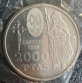 SPAGNA 2000 PESETAS 1999 ANNO GIACOBEO Ag..925