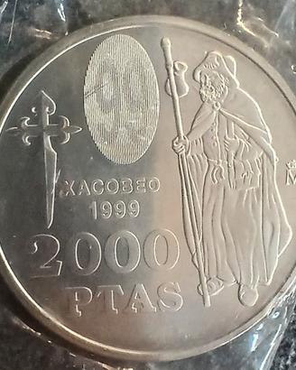SPAGNA 2000 PESETAS 1999 ANNO GIACOBEO Ag..925