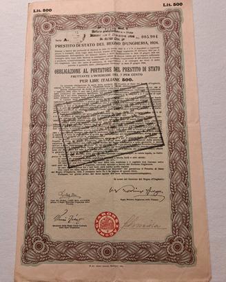 Obbligazione Prestito Regno d ' Ungheria 1924 