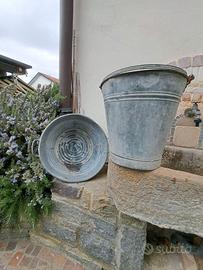 Secchiello e bacinella in zincato d'epoca
