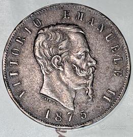 Moneta vintage 5 lire Vittorio Emanuele II 1875