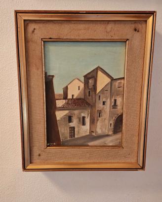Quadro Dipinto ad Olio Paesaggio Borgo Antico