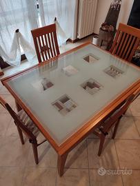 Set tavolo in cristello + 4 sedie Legno Ciliegio 