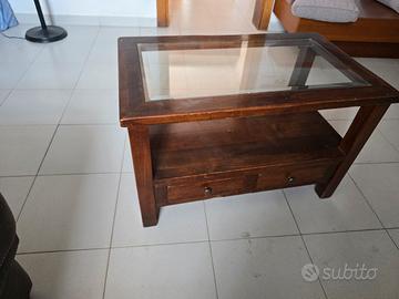 Tavolino da salotto in legno con piano in vetro