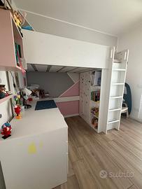 Letto a soppalco bianco con scrivania + 4 cassetti