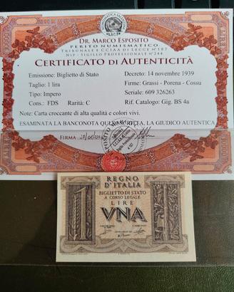 1 LIRA IMPERO 1939 FDS
