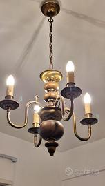 Lampadario vintage 5 luci legno e ottone