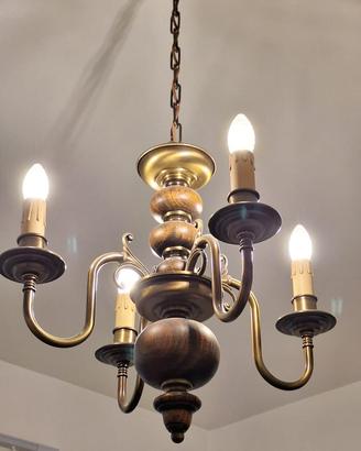 Lampadario vintage 5 luci legno e ottone