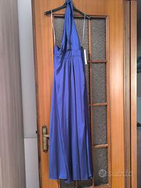 Vestito lungo in raso viola nuovo con cartellino