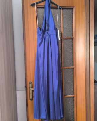 Vestito lungo in raso viola nuovo con cartellino