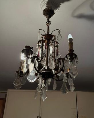 Lampadario Vintage in Bronzo e Cristalli