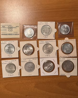 Lotto di 11 monete in argento da 500 lire