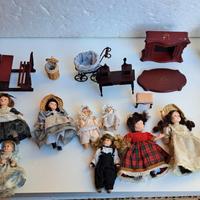 Bambole di Porcellana Lotto 11 Pezzi + Mobili in M