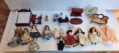 Bambole di Porcellana Lotto 11 Pezzi + Mobili in M