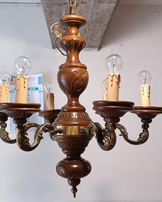 Lampadario vintage 6 luci in legno intagliato 