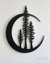 Decorazione parete in legno nero – Luna con alberi