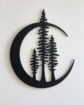 Decorazione parete in legno nero – Luna con alberi