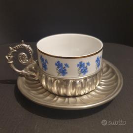 tazza da te vintage supporto e piattino in peltro