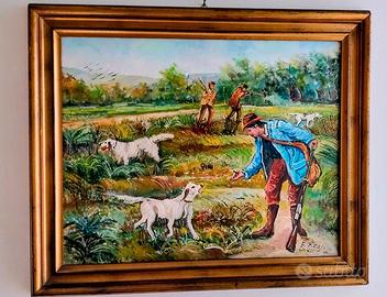 Quadro con cacciatore dipinto a mano su tela.