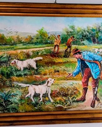 Quadro con cacciatore dipinto a mano su tela.