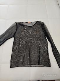 maglietta da sera trasparente con strass  nera
