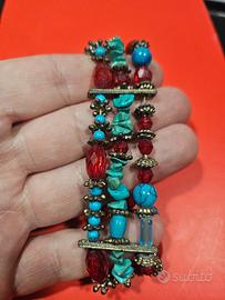 Bracciale vintage  turchese e perle rosse 