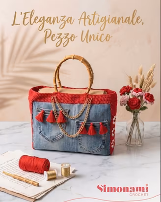Borsa Jeans E Cotone Fatta A Mano All' Uncinetto 