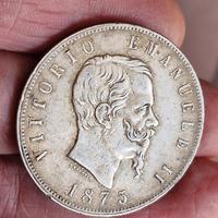 Moneta arg.5 lire Vittorio Emanuele secondo 1875