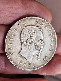 Moneta arg.5 lire Vittorio Emanuele secondo 1875