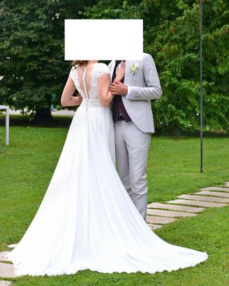 Abito da sposa A-line,stile boho,strascico, spacco