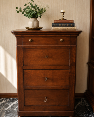 Comodino/cassettiera vintage in legno con marmo
