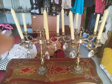 Coppia di candelabri in bronzo con gocce cristallo