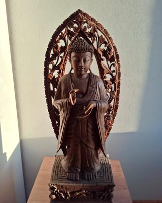Statua Buddha in Legno Massello Intagliat. a Mano