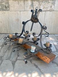 #Lampadario ferro e legno 6 punti luce