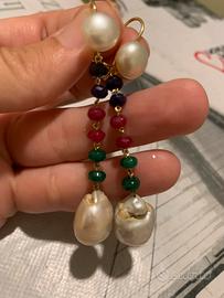 Orecchini perle, radici rubino, smeraldi, zaffiri