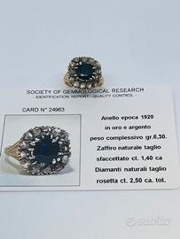 Anello oro 18kt diamanti e zaffiro epoca 1920