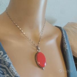 collana acciaio e argento con pietra Rossa 