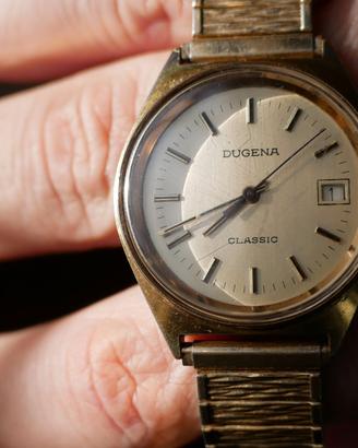 DUGENA Orologio da uomo Berlino, al quarzo, cassa in titanio, vetro zaffiro, cinturino in pelle, fibbia ad ardiglione, 3 bar, Bianco / oro, cinghia