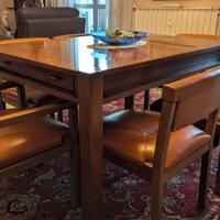 Tavolo Legno Massello Anni '70 + 6 Sedie in Pelle